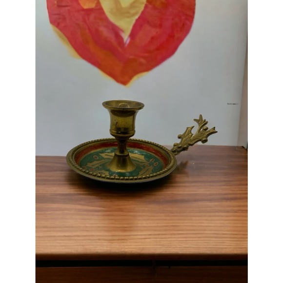 Unbranded Other - Vintage Enameled Brass Candle Holder With Holly Berry Made in India